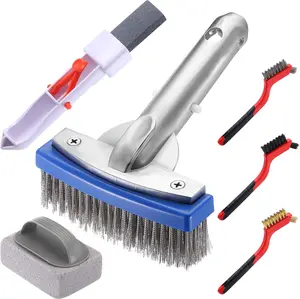 6 Pcs Pool Cleaning Kit, 5 Inch Stainless Steel Pool Brush Pumice Stone Metal Wire Bristles Scrubber Calcium Remover for Build-up on Tiles, Rust Stains on Concrete Swimming Pool Walls