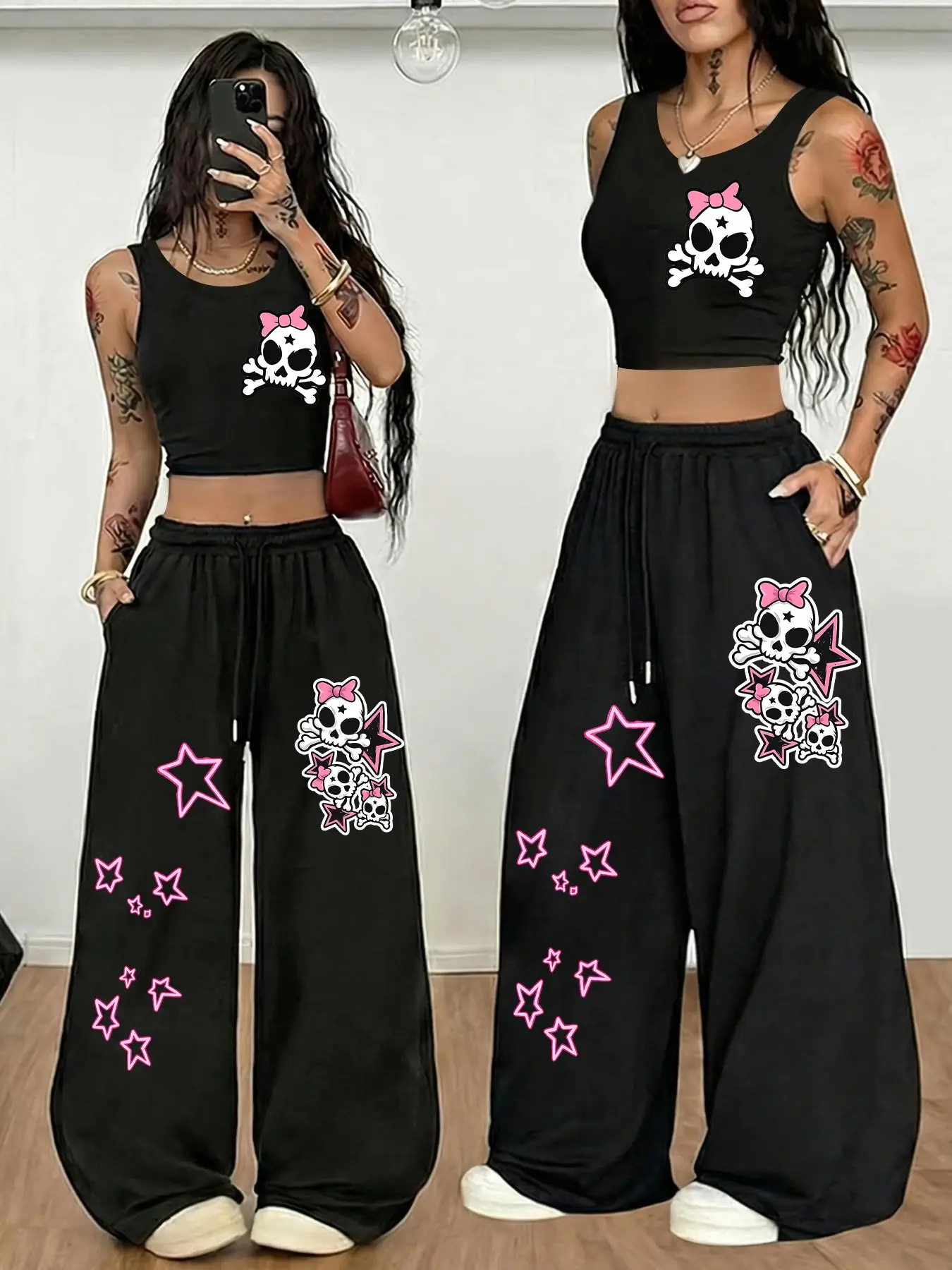 Y2K Sweet Cool Lolita Two-Piece Set Summer, Bow Skull Star Print Crop Top & Wide Leg Pants, Casual Slim-Fitting Clothes