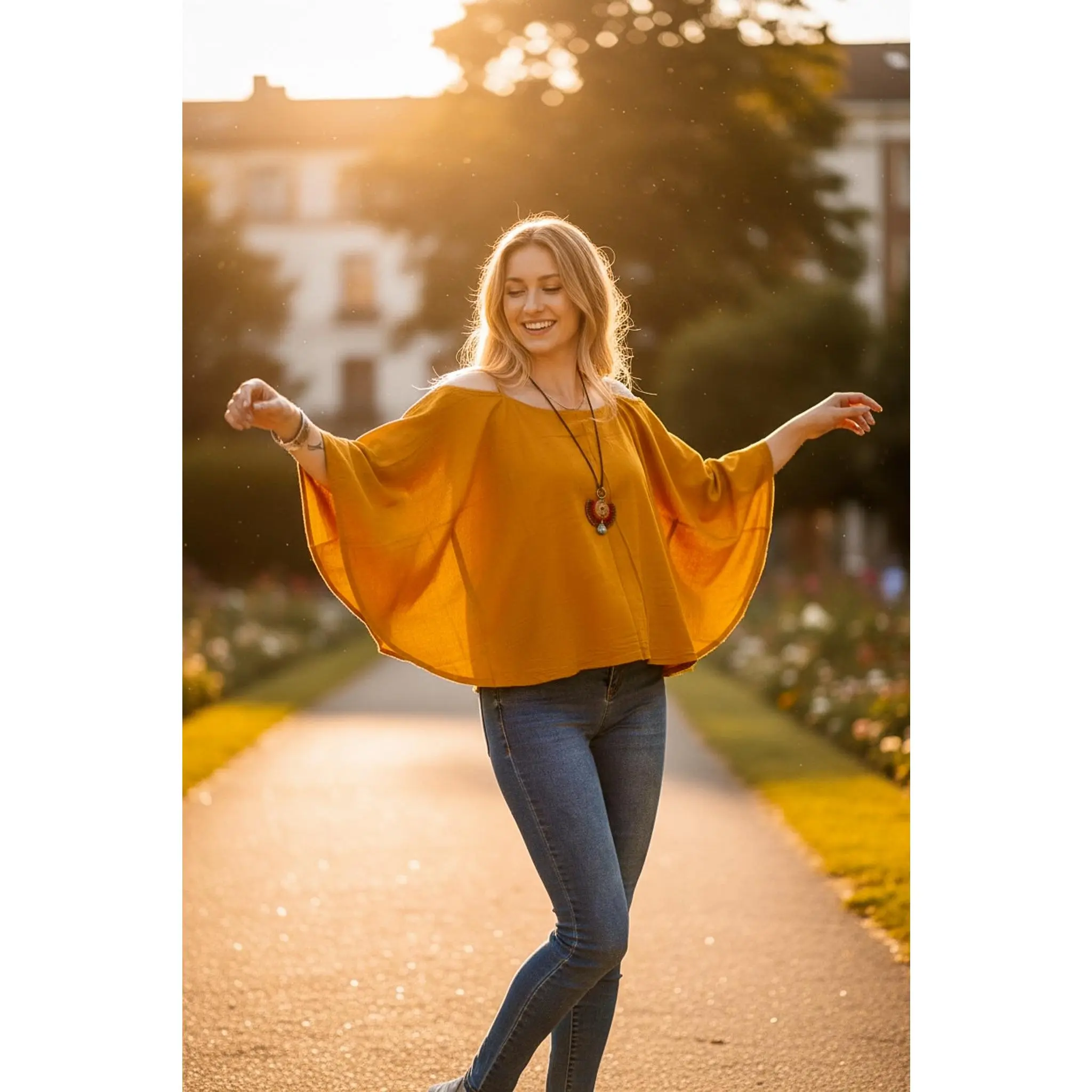 Organic Raw Cotton Gauze Kimono Blouse – Mustard Boho Minimalist Open-Shoulder Top