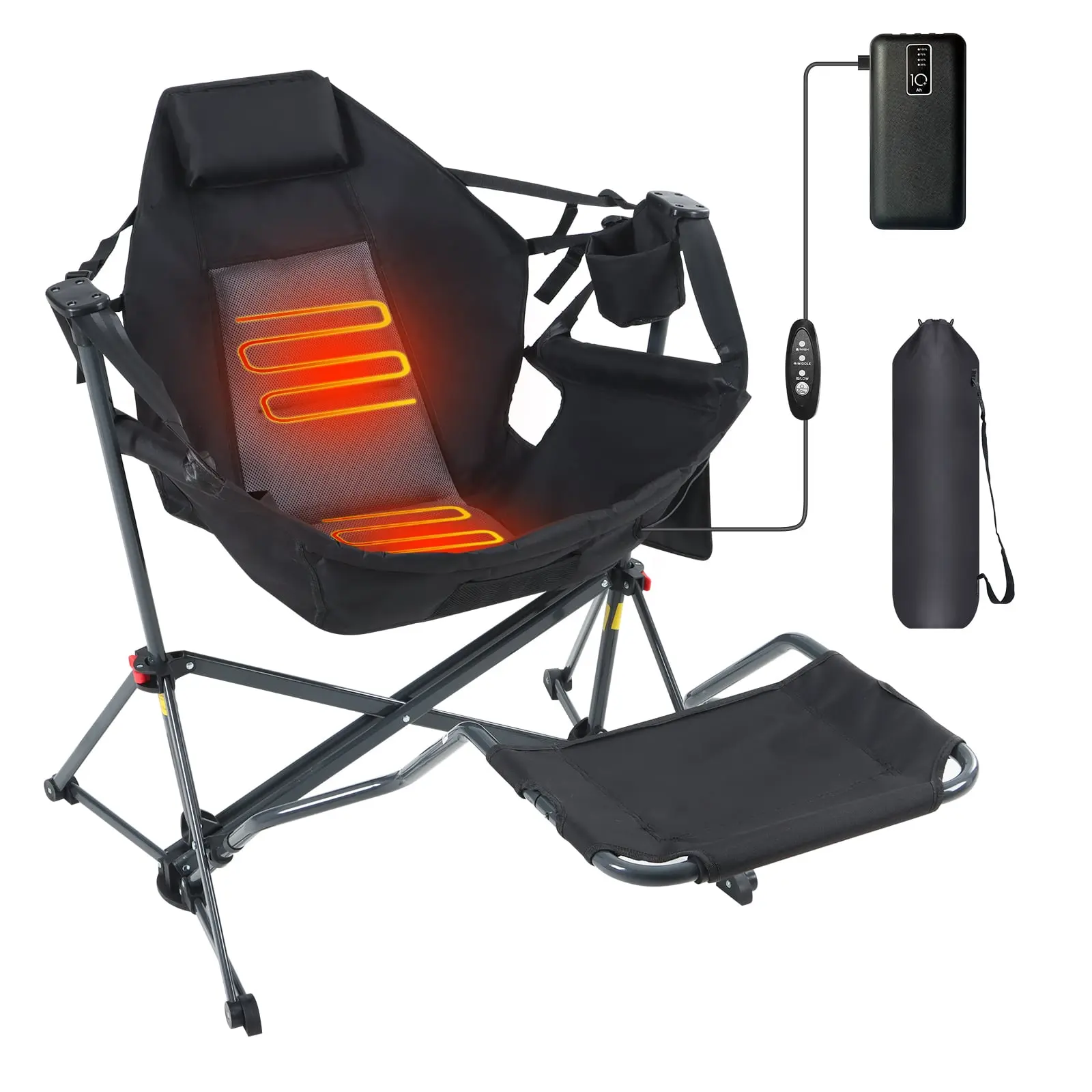 Folding Gliding Rocking Chair with Heat Function - High Back Hammock Style Camping Chair, Lightweight and Collapsible with Footrest, Cup Holder, and Power Bank Included, Lightweight Foldable Chair