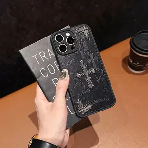 Trendy Metal Cross Heart iPhone Case Casing, Anti-Drop Shockproof Protection Silicone Cover for Apple 16 Pro Max, Stylish Matte Leather Design, Unisex Fashion Accessory