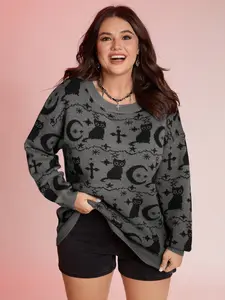 【 Oversized】 Bloomchic Spooky Cat Puffy Sleeve Pullover - Medium Gray Casual Fitted Long Sleeve Round Neck Winter Tops for Women Loose