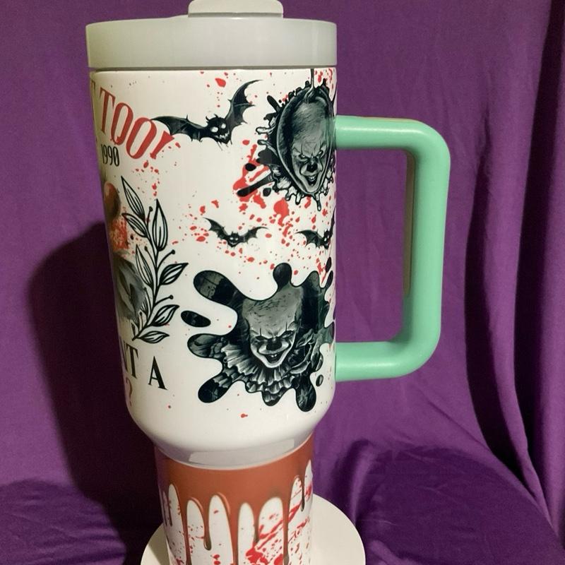 Pennywise 40 Oz Tumbler with Handle - "You'll Float to Do You Want a Balloon?" Design - Bottle, Drinkware Washable Portable Reusable Lid