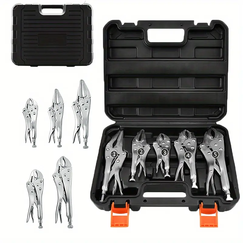 5pcs Set Locking Pliers Set With Box, Vise Grip Pliers Vise Grip 5 Inch, 7 Inch And 10 Inch Curved Jaw Locking PliersWith Comfortable Grip, Vice Grips Pliers Set