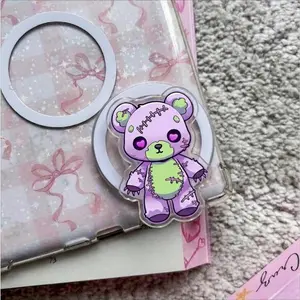 Zombie Purple Bear MagSafe Phone Grip, Creepy Cute Voodoo Teddy Griptok, Pastel Goth Stitched Bear Phone Stand, Neon Purple & Green Aesthetic Accessory