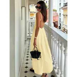 Women's Summer Backless Spaghetti Strap Dress, Solid Color, Casual Beach Vacation Outfit