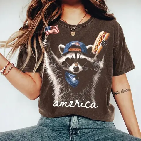 America Raccoon Graphic Comfort Colors Shirt, Patriotic 4th of July Shirt, Funny USA Hot Dog Tee, Summer Independence Day Outfit