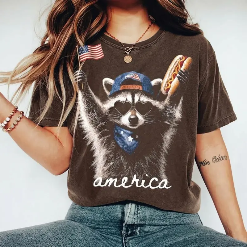 America Raccoon Graphic Comfort Colors Shirt, Patriotic 4th of July Shirt, Funny USA Hot Dog Tee, Summer Independence Day Outfit