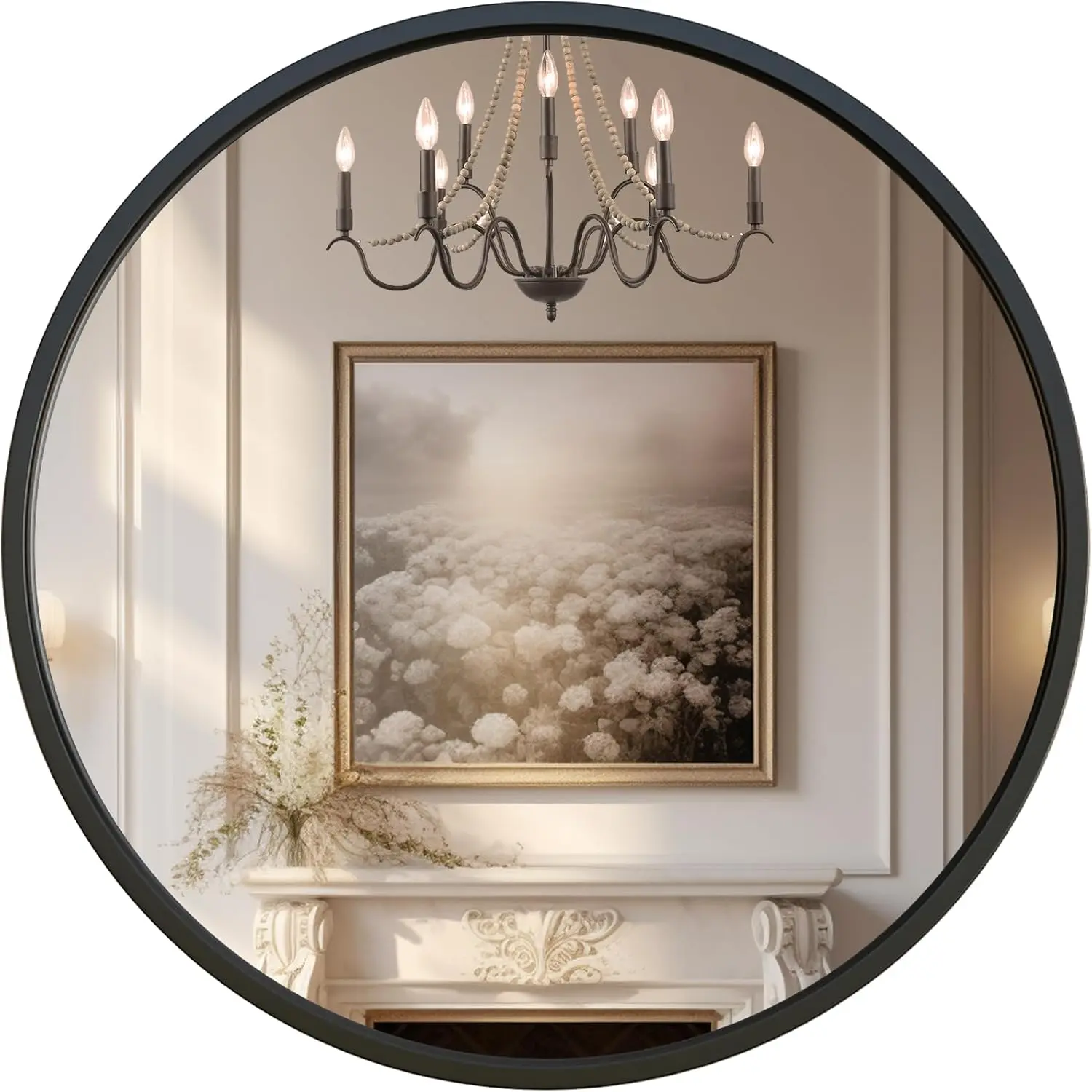 Black Round Mirror 24 inch, Circle Mirror for Bathroom, Entryway, Vanity, Living Room, Round Bathroom Mirror for Wall