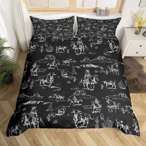 Wild West Cowboy Luxury Quilt Cover,Western Decor Duvet Cover,BedRodeo Cowboy Style Multiple sizes Black Bedspread Cover,No Comforter Horse Cactus
