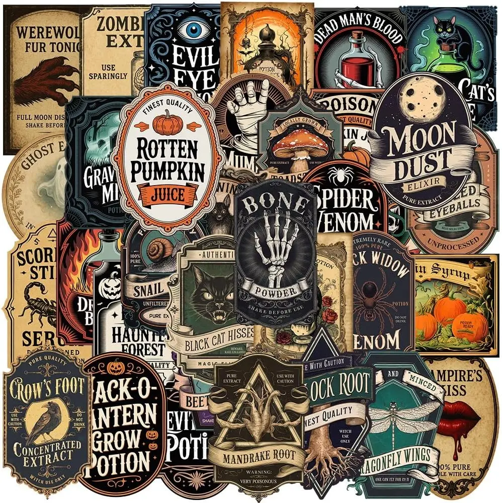 100PCS Halloween Potion Label Stickers,Apothecary Magic Labels Stickers Waterproof Vinyl Stickers for Water Bottle Laptop Computer