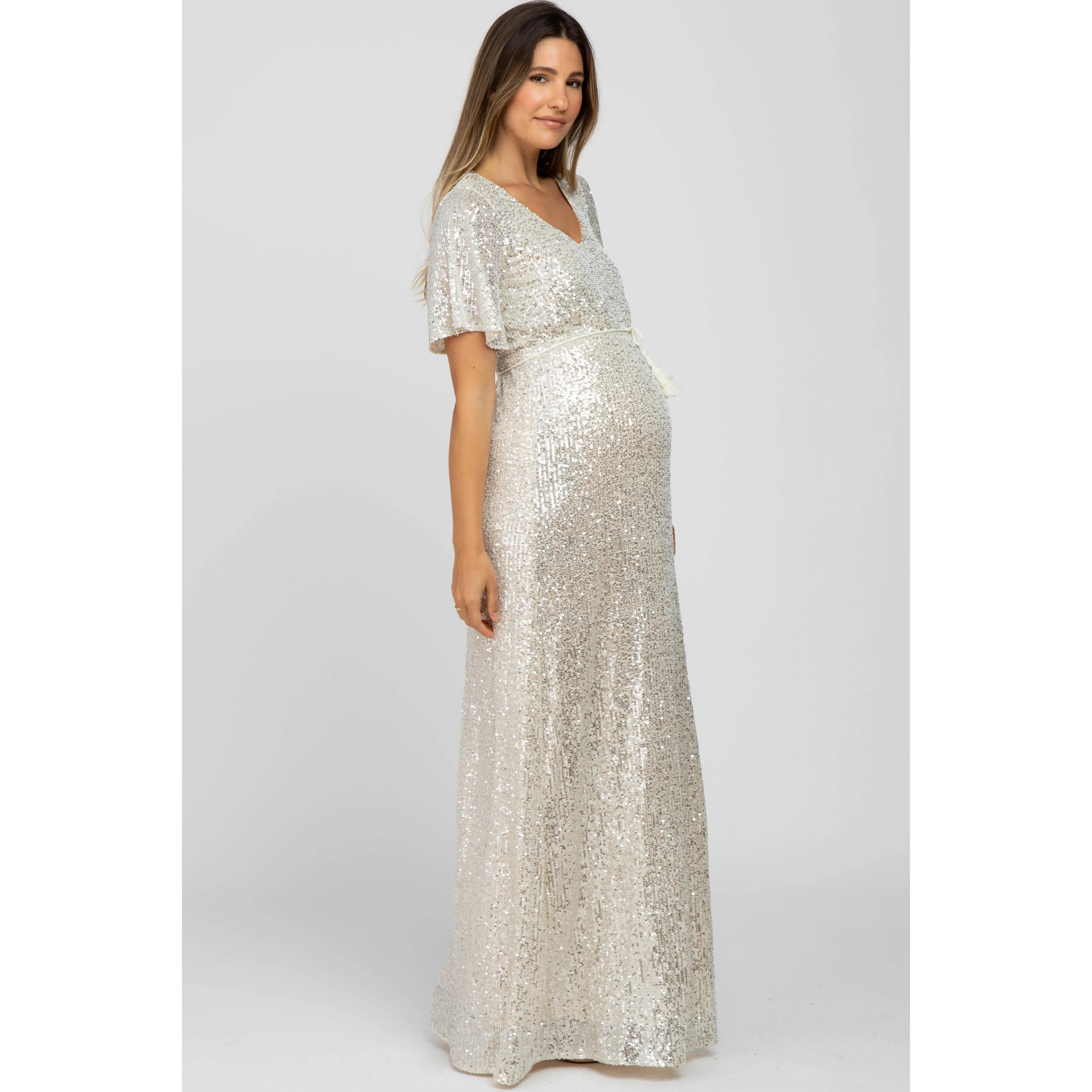 Cream Sequin Short Sleeve Maternity Maxi Dress - TikTok Shop