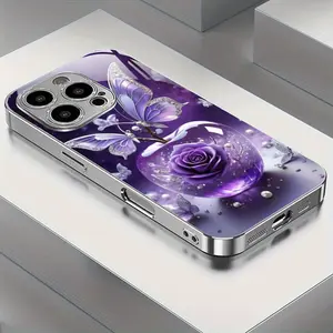 Suitable for iPhone 16/15/14/13/12/11 Series Girls' Elegant Crystal Apple Butterfly Purple Electroplated Silver Glass Phone Case, Compatible with Multiple Models Including Plus, Pro, and Pro Max Versions