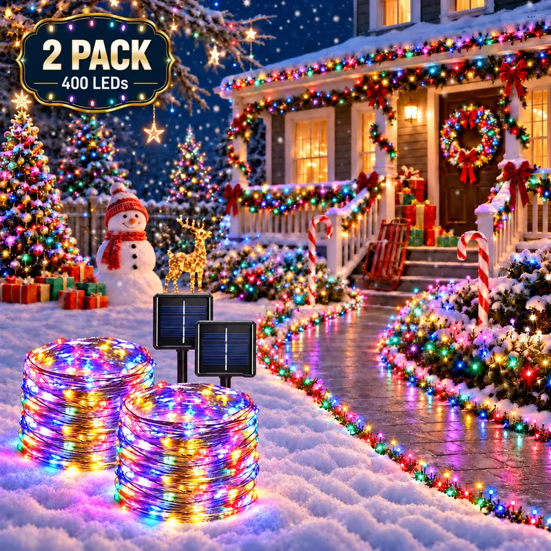 Christmas-Style Solar-Powered Outdoor Copper-Wire LED String Light Set (2-Piece Set) — Total of 400 LED bulbs, IP44 waterproof rating, 8 lighting modes, perfect for decorating trees and gardens