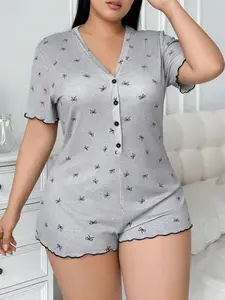 Plus Size Bow Print Ribbed One-Piece Pajamas, Button Front Sleepwear with Flounce Hem, Comfortable Feminine Nightwear, Loungewear