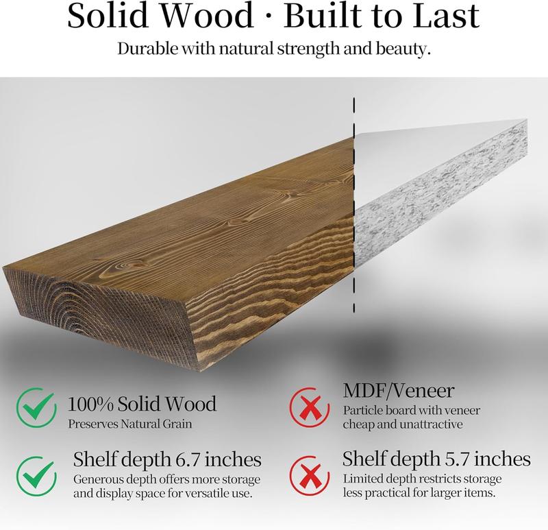 BGMG Wood Floating Shelves for Wall 24 inch Set of 2, Rustic Wooden Wall Mount Shelves for Bathroom Living Room Bedroom Kitchen Farmhouse -24x 6.7 x1.25 inch-Dark Walnut