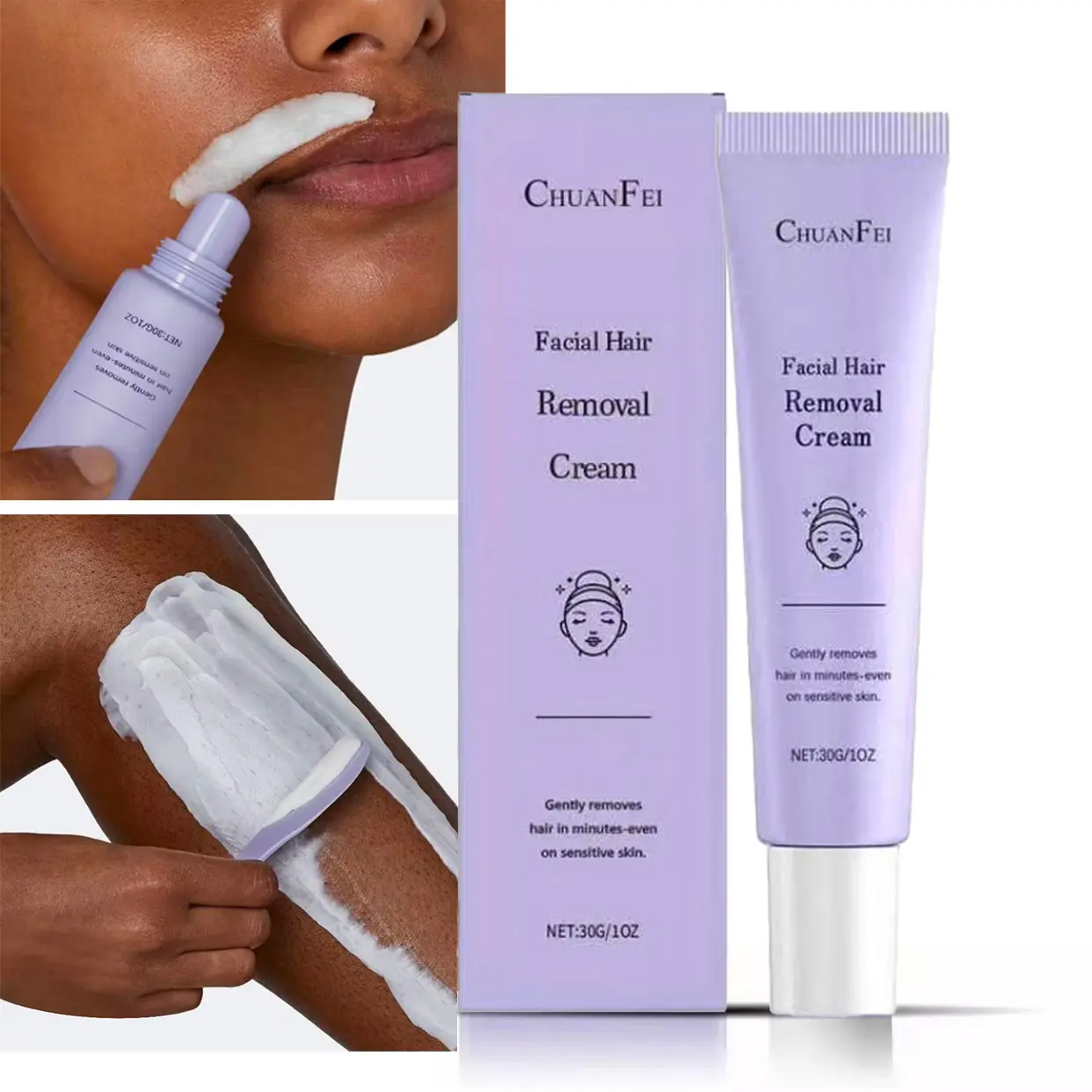 Sensitive Skin Hair Removal Cream, Depilatory Body Care, Hair Removal Product, Gentle, Painless for Face & Body, Prevents Strawberry Skin & Ingrown Hairs, Soothing Avocado Formula, Centella Asiatica Extract, Facial Hair Removal Cream