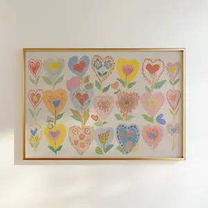 Vintage 70s Pink Wall Art, Cottagecore Hearts Love Poster, Gift for Girlfriend Bedroom Decor, Unframed | 5 size, 8x12 to 27x40 inch