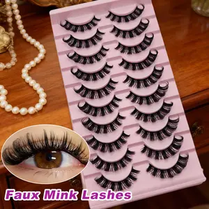 10 Pairs Faux Mink Russian Strip Lashes, D-Curl Cat-Eye Wispy Volume, Look Like Extensions, Cruelty-Free Reusable False Eyelashes, High Quality Eyelashes