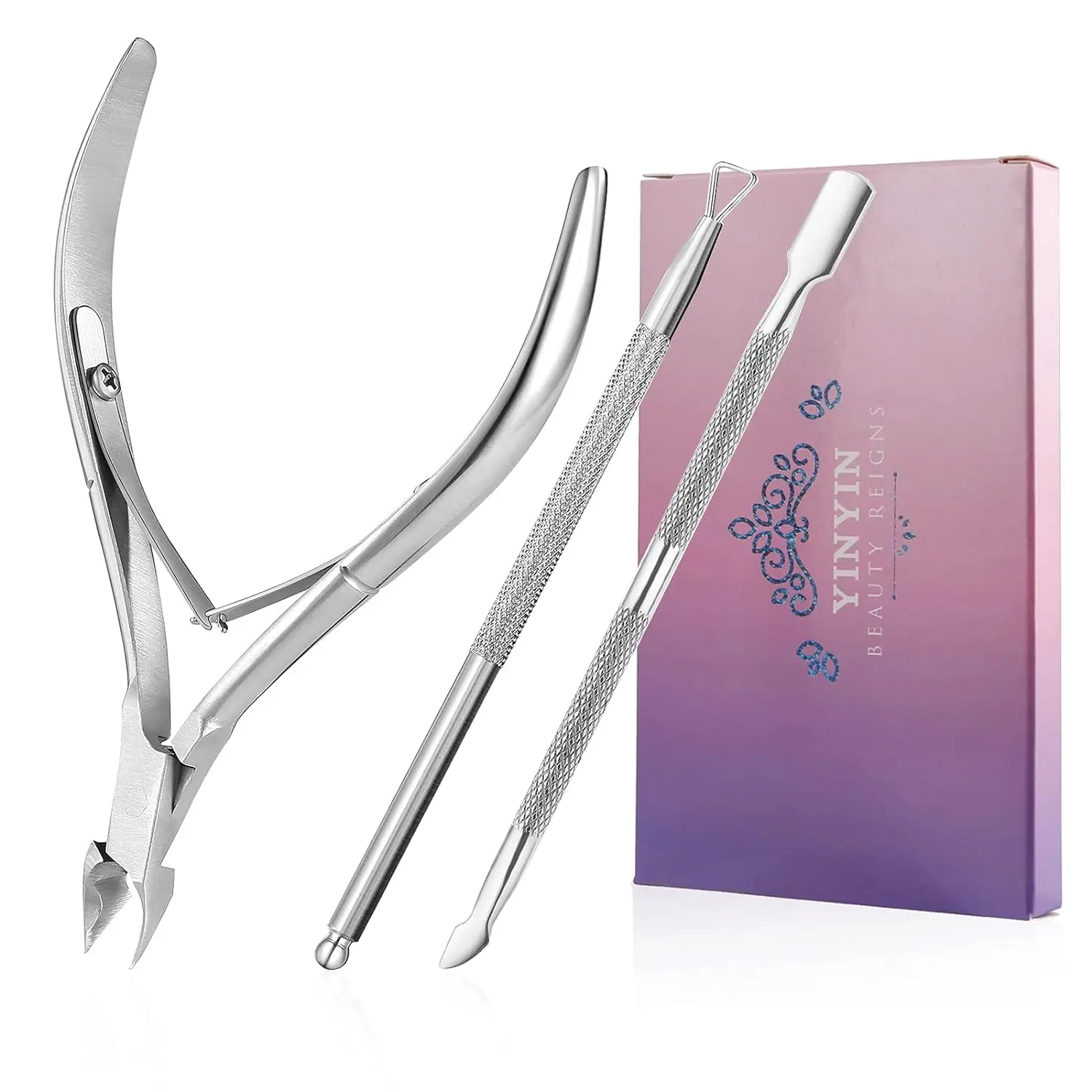 YINYIN Professional Stainless Steel Cuticle Trimmer with Pusher and Cutter - Durable Pedicure Manicure Tools for Fingernails and Toenails (Pink)