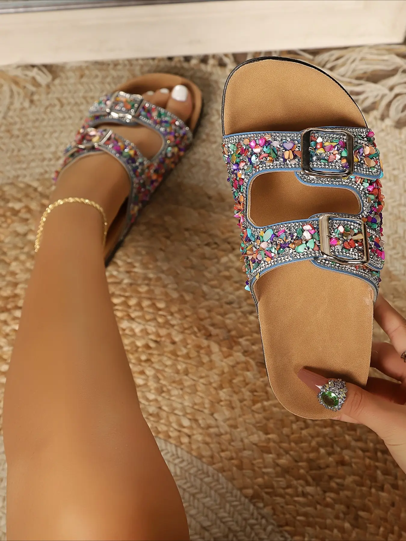 Bohemian Colorful Gemstone Rhinestone Slides Adjustable Buckle Cork Boho Style Sandal Rhinestone Sandals Women's Summer Vacation Beach Slippers