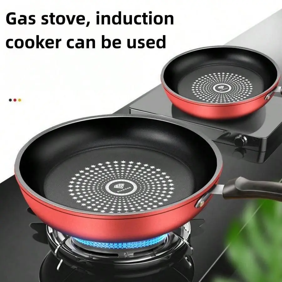 24cm Red Non-Stick Frying Pan, Thickened Design Home Use Flat Bottom Egg Steak Breakfast Pot, Low Smoke Easy Cleanup, Compatible with Induction Cooker, Electric and Gas Stoves Cookware, Induction Nonstick Pan