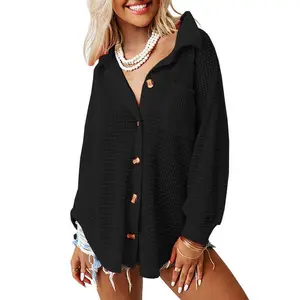 Womens Waffle Knit Shacket Jacket Casual Long Sleeve Button Down Shirts Dressy Blouses Tops