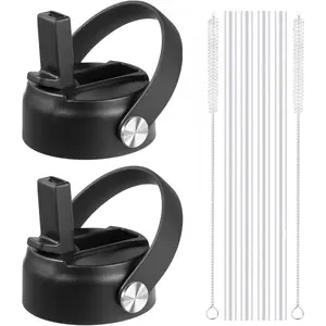 Wide Mouth Straw Lid with Flip Top, Replacement Cap with Straw for  18 32 40 oz Wide Mouth Water Bottle & 12 16 20 oz Coffee Flask,  Leakproof  Lid (Black-2 Pack)