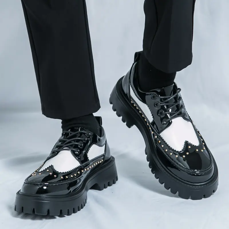 Men’s patent leather lace-up shoes, classic round toe, non-slip Oxford shoes, comfortable chunky heel Derby shoes, business casual footwear