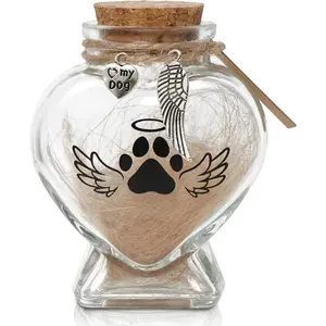 Pet Memorial Gift for Loss of Dog or Cat, Heart Shape Glass Jar & Bottle for Fur Hair Whiskers or Ashes Keepsake Urn with Cork Top, Charms for Cute Rainbow Bridge Memorial