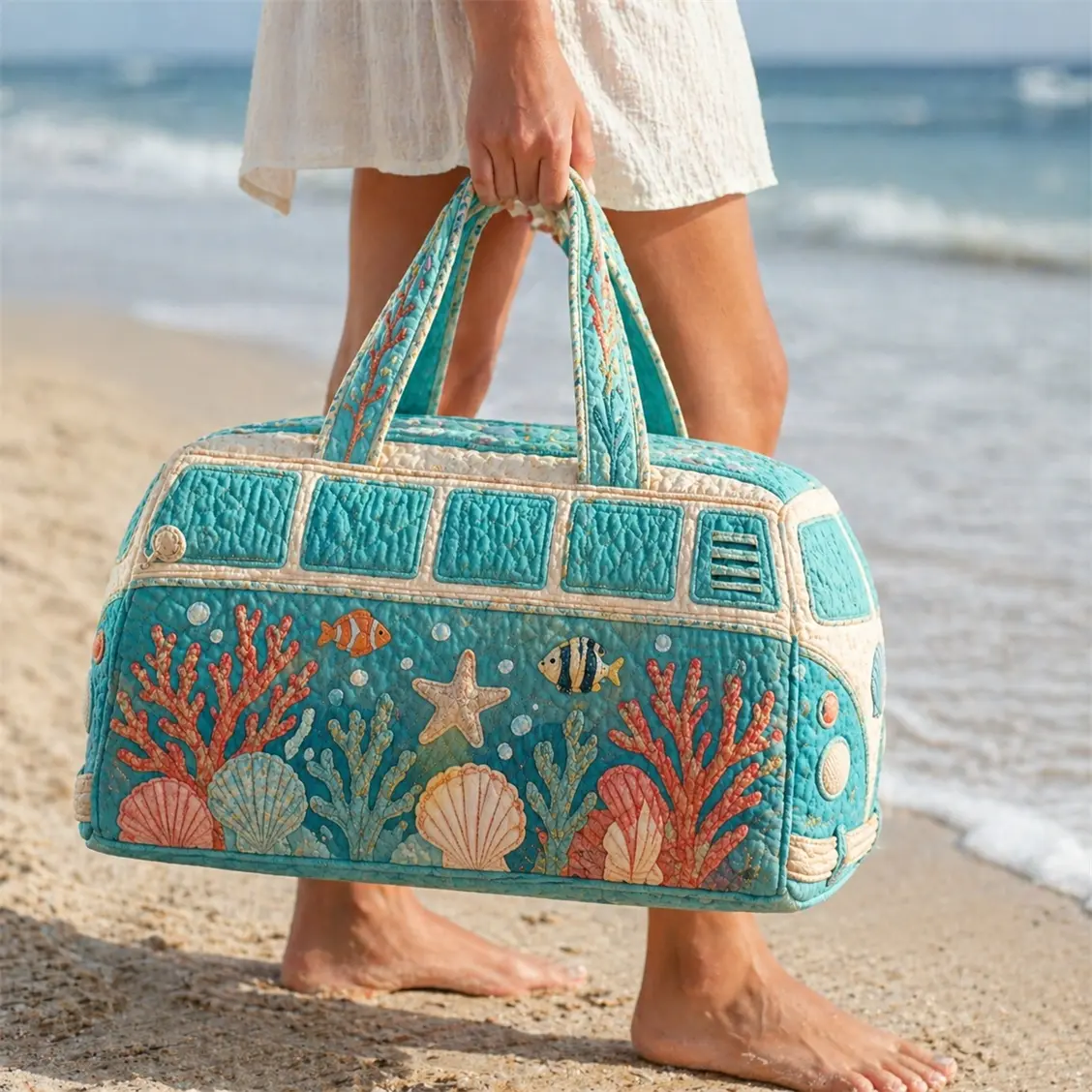 Women’s Quilted Beach Weekender Bag, Coastal Ocean Travel Duffel, Large Capacity Carry On Overnight Tote with Seashell Starfish Coral and Fish Design for Vacation, Cruise, Road Trip, Beach Getaway