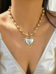 Stainless Steel Chunky Beaded Puffy Heart Necklace, Y2K Retro 3D Bubble Heart Pendant Choker, Trendy Aesthetic Statement Jewelry for Women