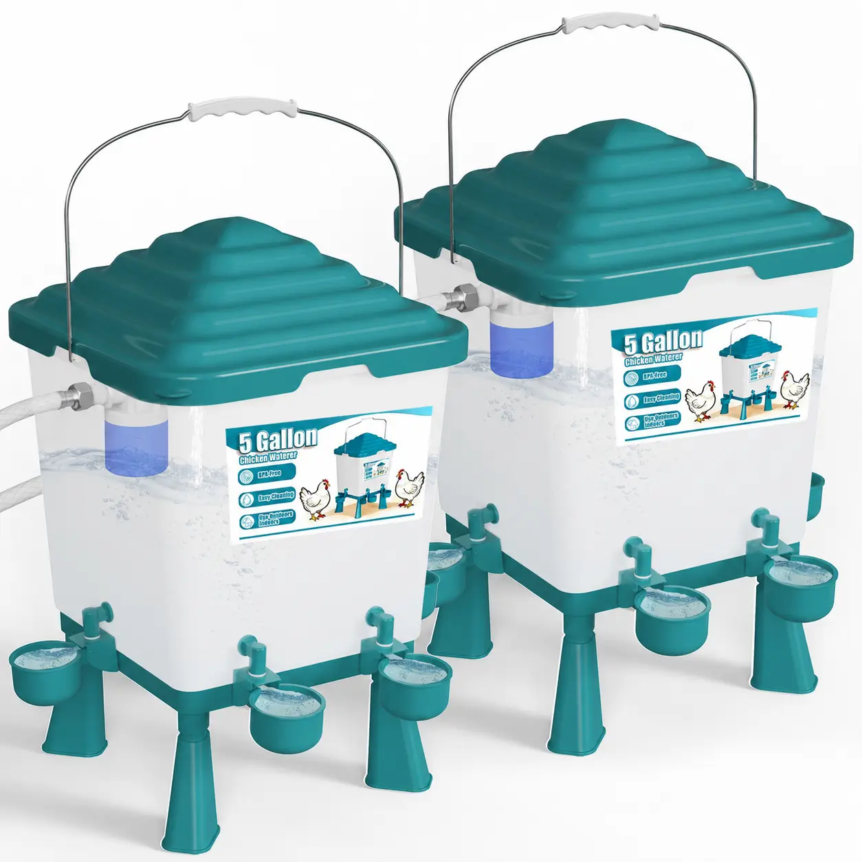 5 Gal Automatic Poultry Waterer for Chickens, Farm Animal Feeding Tool with Auto Refill Valve, Elevated Stand, Anti-Roosting Lid, Transparent Water Tank, Leak-Proof Drinking Cups & Handle, 5 Gallon