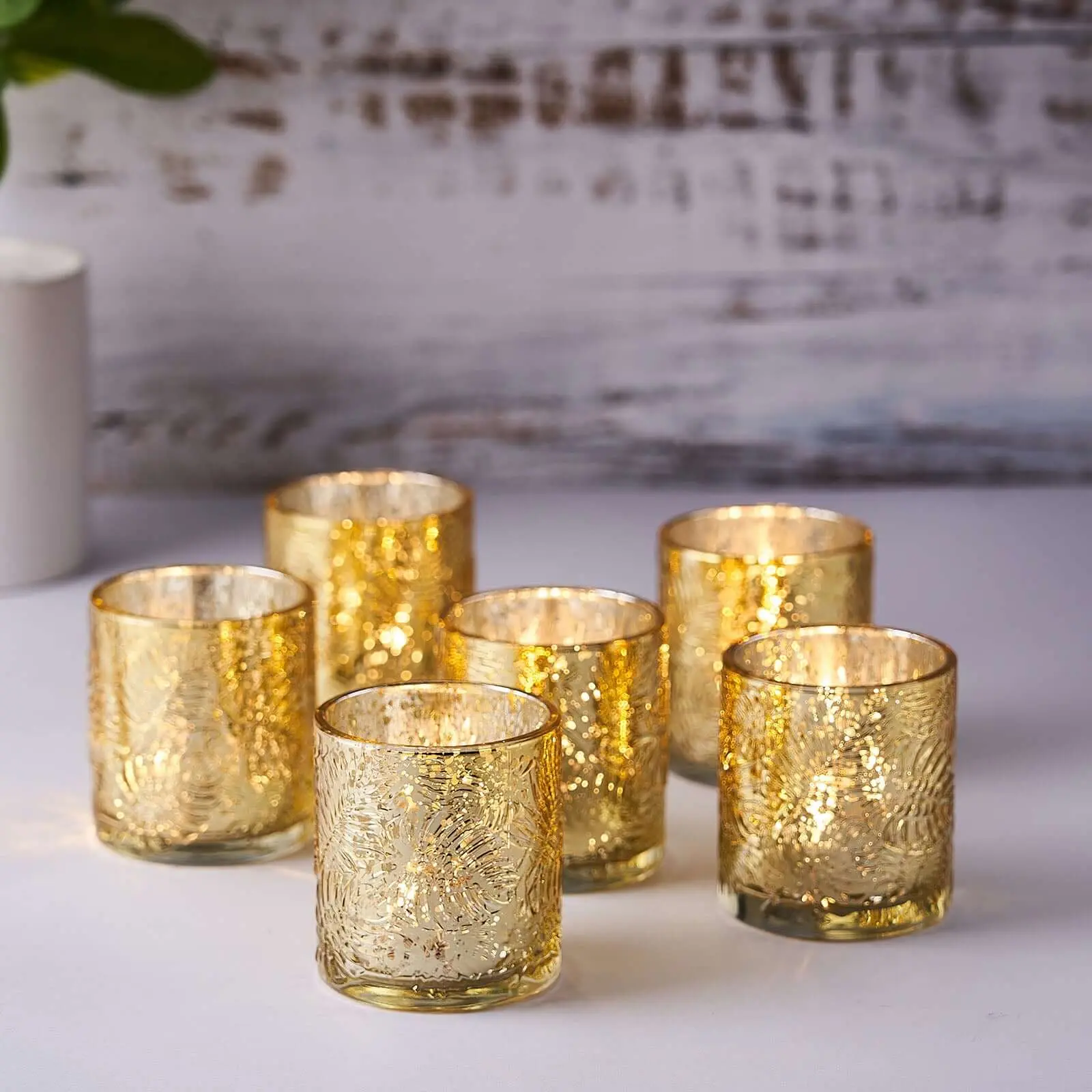 Gold Palm Leaf Design Mercury Glass Votive Tealight Candle Holders - 6-Pack Home Decor Supplies for Events, Reception, Artificial Tea Light Candleholder, Indoors