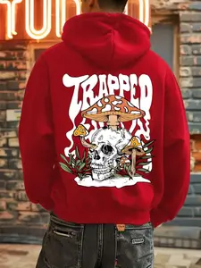 Plus Size Letter & Mushroom Print Drawstring Hoodie, Casual Regular Fit Pocket Hooded Sweatshirt for Fall & Winter, Men's Plus Clothing for Daily Wear