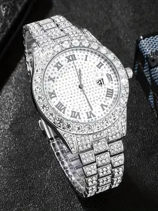 Men's Business Fashion Rhinestone Decorated Quartz Watch & Cross Pendant Necklace & Bracelet, Fashionable Stylish Watch, Trendy All-match & Exquisite High End Watch Set for Birthday Gift