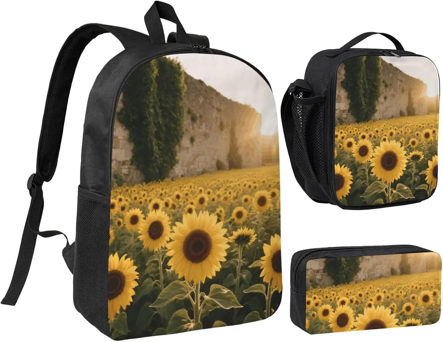 Sunflowers Backpack Set 3 PCS - 17 Inch Laptop Backpack with Lunch Bag, Waterproof Daypack Insulated Lunch Box Large Capacity Coin Pouch Personalized Gift