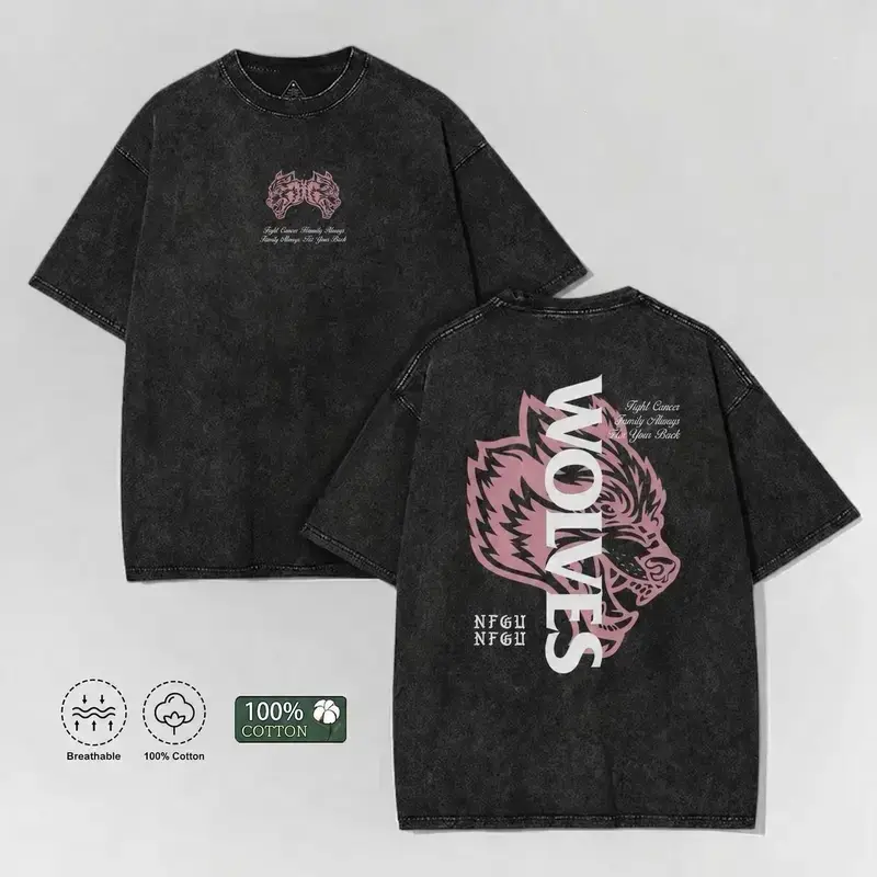 Wolves Wolf Head Vintage Acid Wash T-Shirt, Double Sided Pink Wolf Graphic Unisex Oversized Tee, Grunge Goth Streetwear 100% Cotton Casual Daily Top