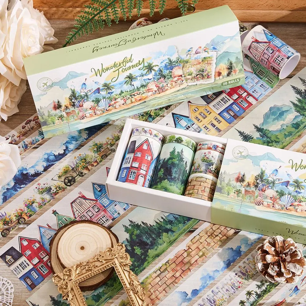 Vintage Wonderful Journey Landscape Pattern Washi Tape Set, 20 Rolls/box Decorative Washi Tape, DIY Decorative Tape for Scrapbooking, Scrapbook Materials, Crafts, Cups, Laptops, Planners, Notebooks, Crafts Kit