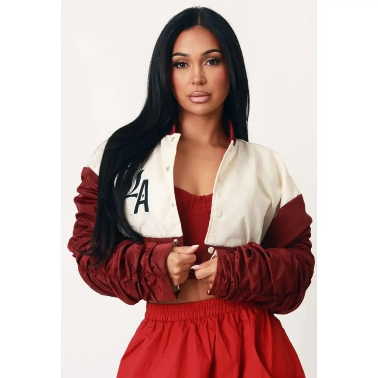 Burgundy Varsity Cropped Jacket