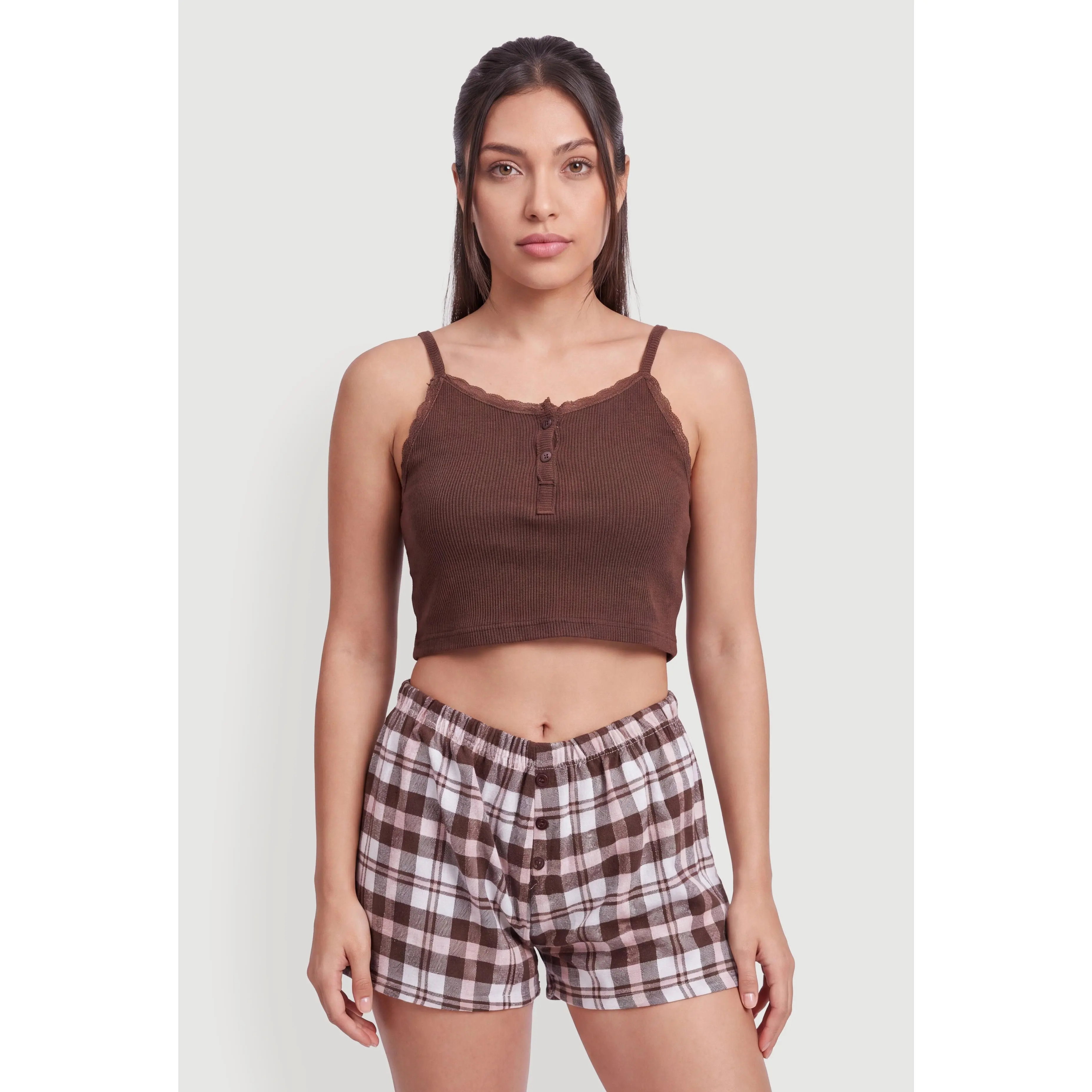 Lace Trim Pajama Cami and Plaid Shorts