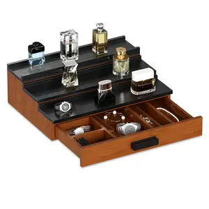 Garvee Cologne Organizer for Men, Wooden Perfume Organizer with Drawer Storage and Hidden Compartment, 3-Tier Black Fragrance Display Risers, Valentine's Day Gifts, Birthday Gifts