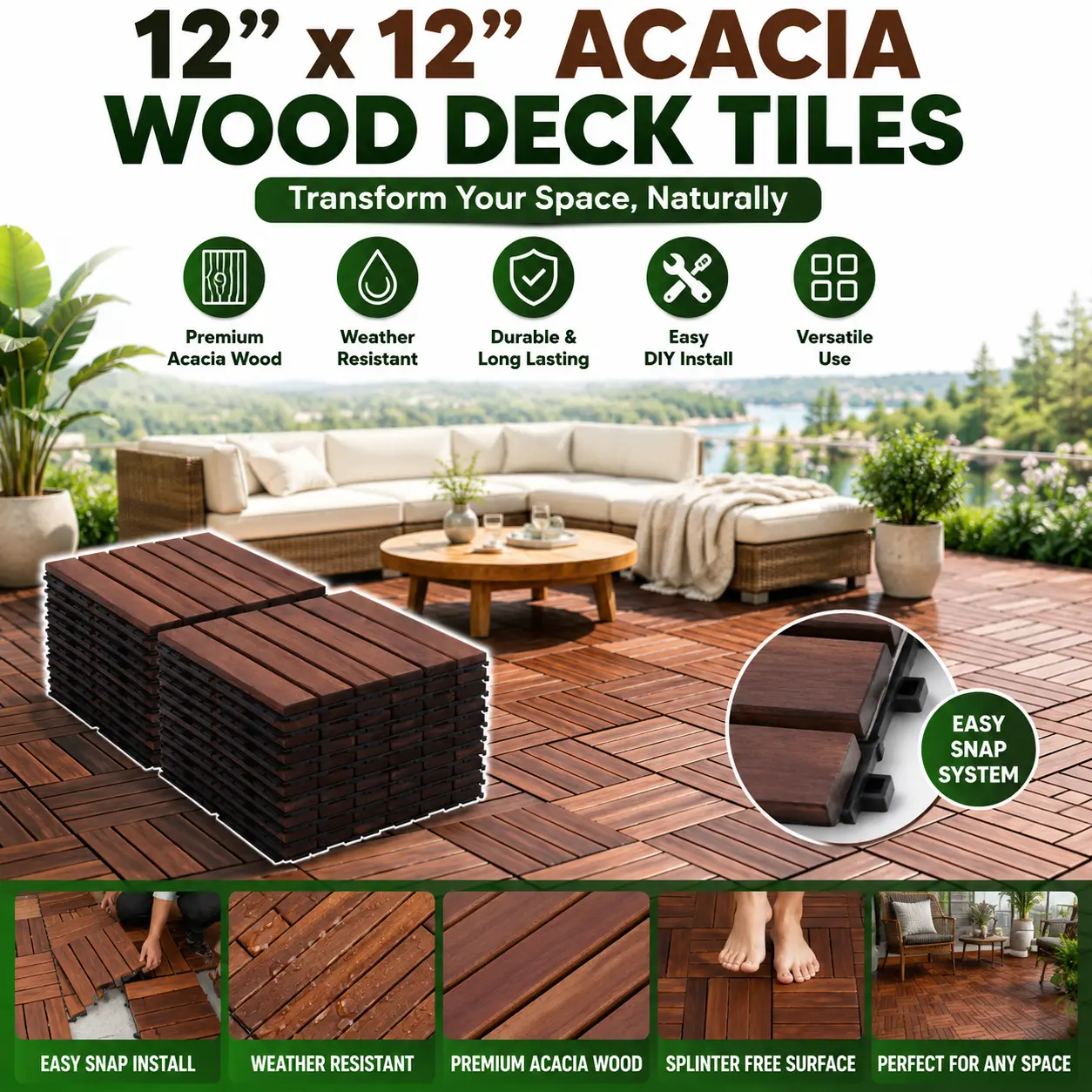 12x12 Acacia Wood Interlocking Deck Tiles, Waterproof Weather-Resistant Outdoor Flooring, Easy-Install Snap-Together Pack for Porch, Poolside Areas, Garden Backyard, Customizable Fit DIY Decor