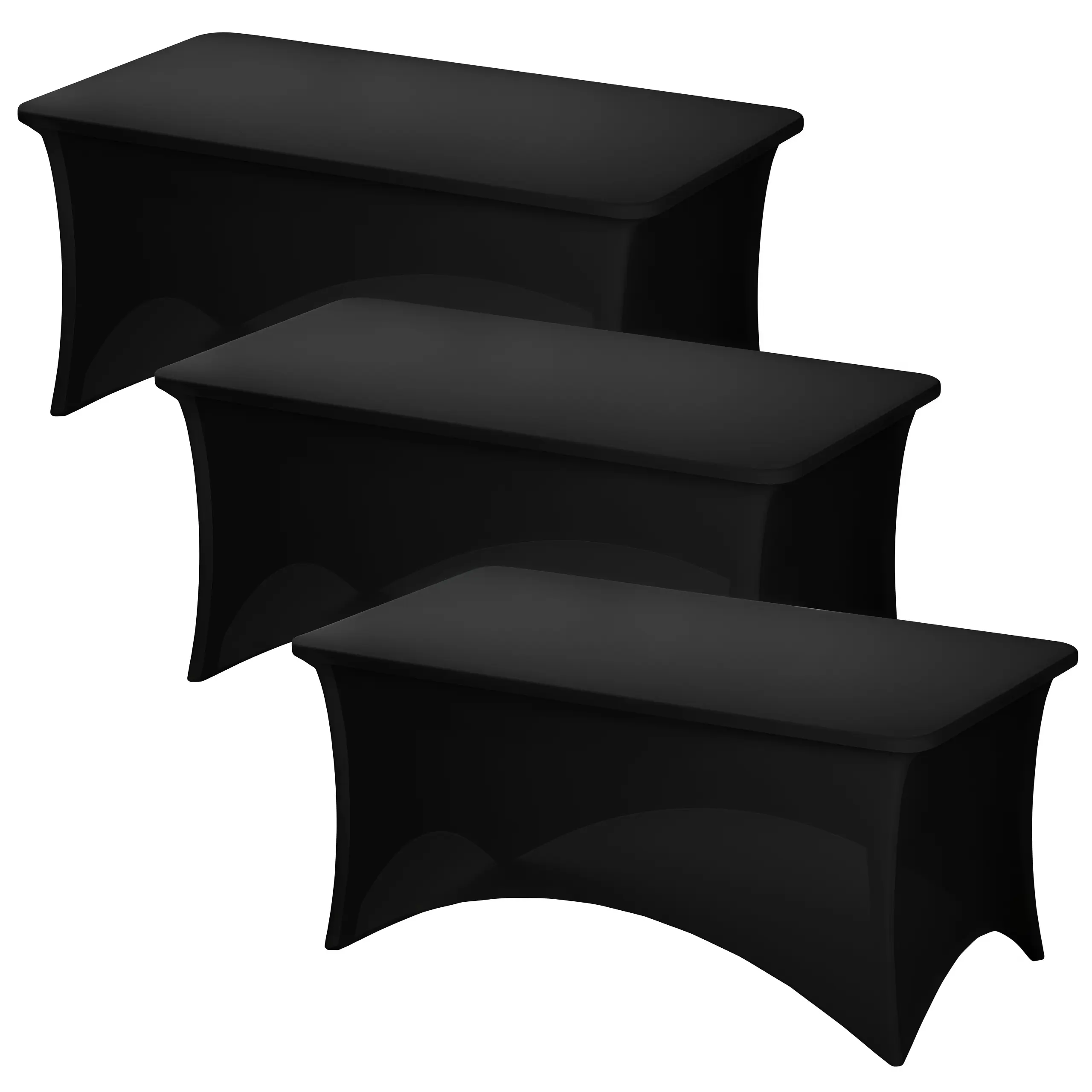 3-Pack 6ft Black Stretch Polyester-Blend Fitted Tablecloth - Wrinkle-Resistant Classic Rectangle Table Top Cover, Universal Fit Home Decor, Decoration Party Supplies for Standard Folding Tables, Weddings Event Decor