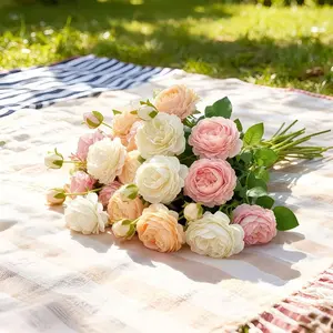 6 bouquets of peonies - artificial flowers, a blend of pink and white, silk peonies bouquet, suitable for wedding flower stands, dining tables, vases and home decoration. Mother's Day gift. Birthday present. Valentine's Day gift.