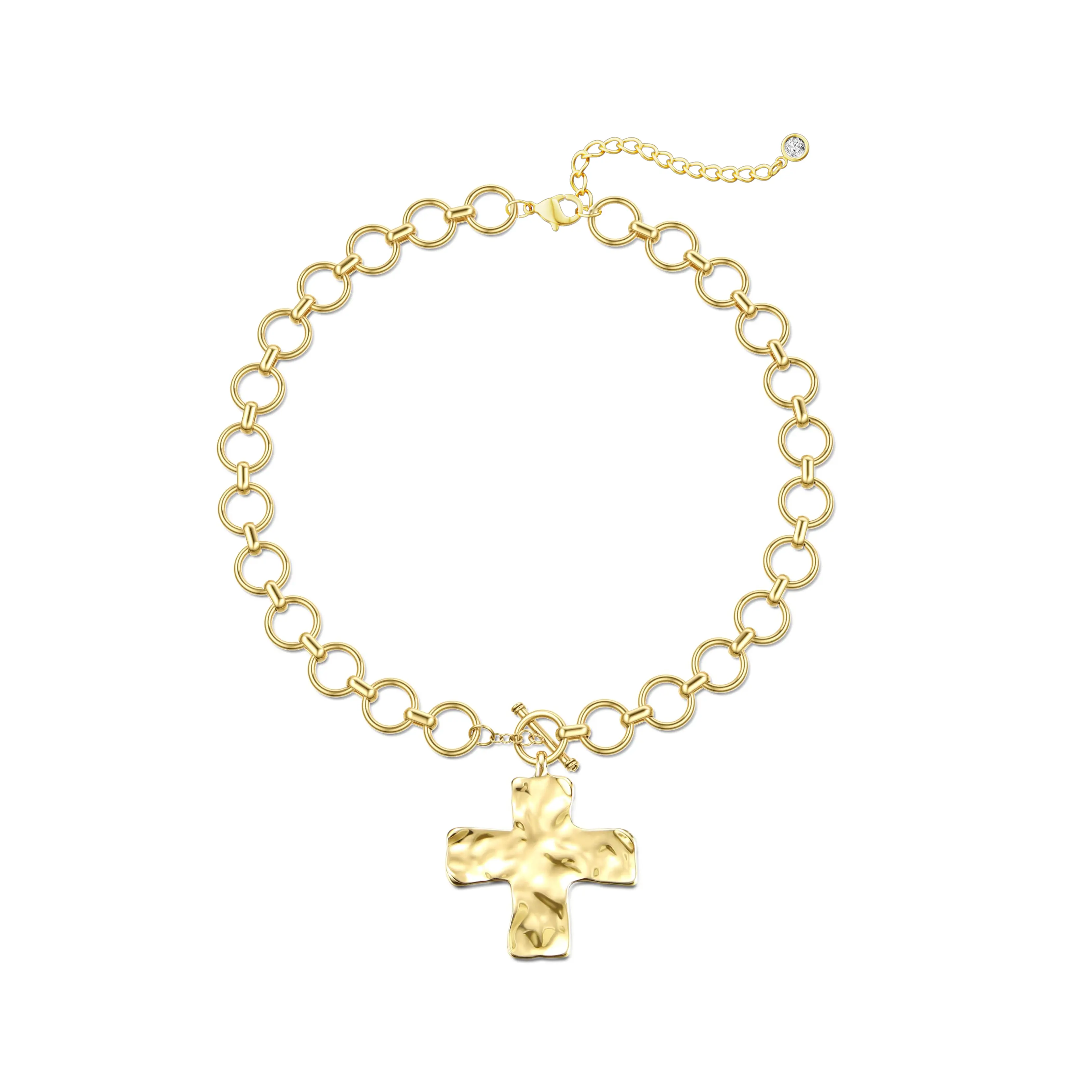 TEWIKY 14K Gold-Plated O-Ring Chain with Smooth Wrinkled Large Cross OT Clasp Extension Necklace Elegant Design for Various Occasions Easter Gift