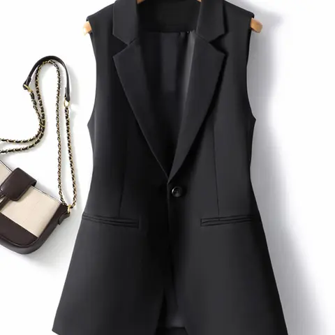 Women's Plain Gilet, Spring & Fall Casual Fitted Top, Medium Length Button Front, Office Fashion Outerwear, Sleeveless Plain Waistcoat