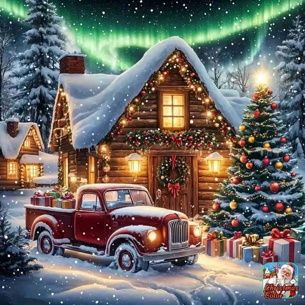 Cozy Winter Christmas Snowy Cabin Northern Lights Red Vintage Truck Glowing Lights Gift Boxes Pine Tree Scene 5D Full Drill Round Square Diamond Painting Kit, Diamond Pattern Design, Xmas Landscape DIY Cross Stitch Craft Home Wall Art Decor