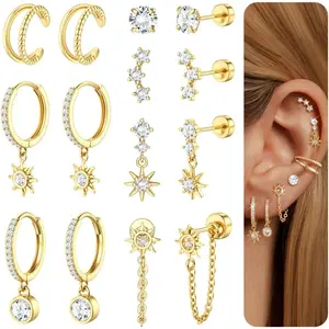 FLORIDECO 7-Pair Flat Back Cartilage Earring Set for Women, 14K Gold-Plated Hypoallergenic Cubic Zirconia Studs & Huggie Hoops for Stacking Multiple Piercings, Earring For Women