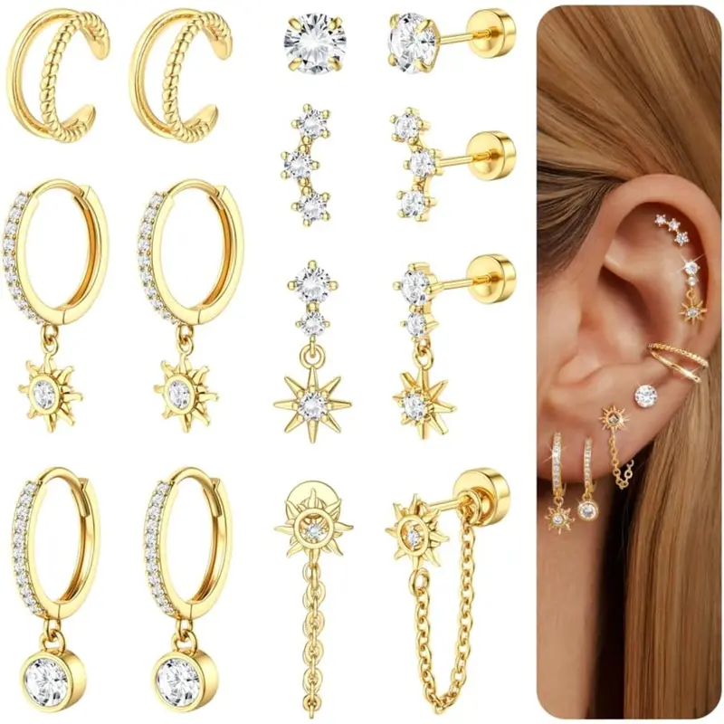 FLORIDECO Women's Casual 7-Pair Unisex Flat Back Earrings Bundle Set - 14K Gold Plated, Hypoallergenic Cubic Zirconia Stud Earring Jewelry & Huggie Hoops for Piercing Stack